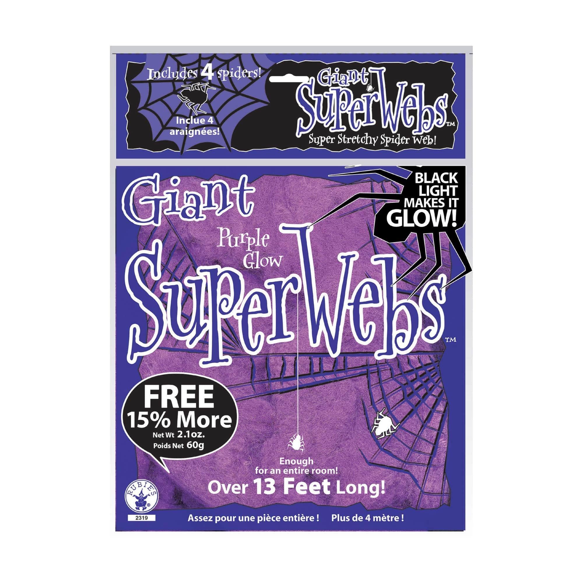 Giant Glow Super Spiderweb with 4 Spiders - 60 Grams. Assorted Colors