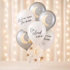 Over the Moon Baby Shower Latex Balloons. 12in. 6ct. with Balloon Tails