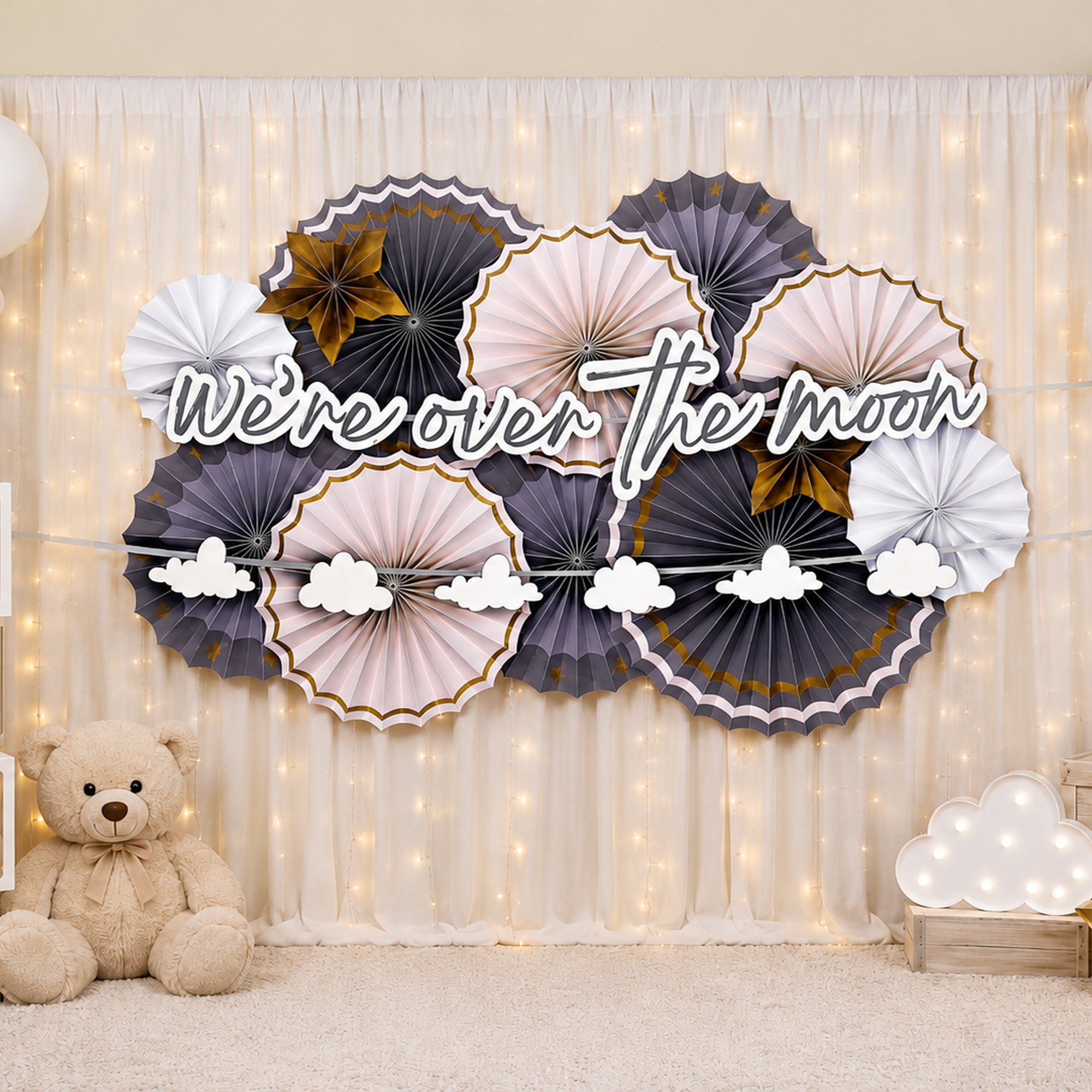 Over the Moon Baby Shower Paper Fan Room Decorating Kit. 14pc